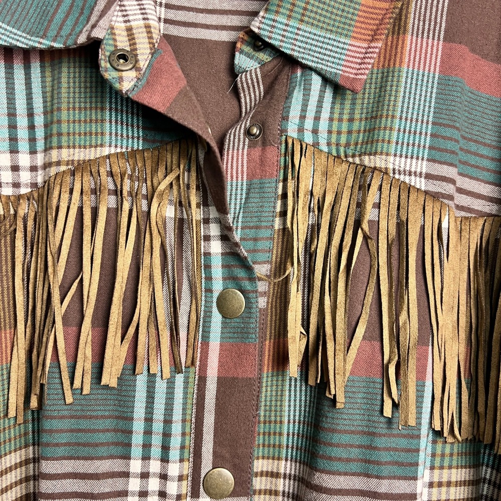 Cato Plaid‎ Western Fringe Shirt Jacket Shacket Heavyweight XL Brown Green Style - Picture 2 of 12